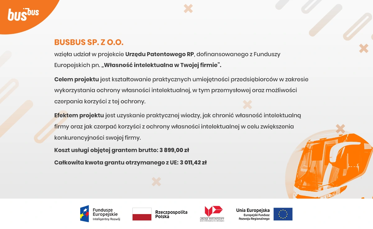 Busbus sp. z o.o. wzięła udział w projekcie Urzędu Patentowego RP, dofinansowanego z Funduszy Europejskich pn. Własność intelektualna w Twojej firmie.